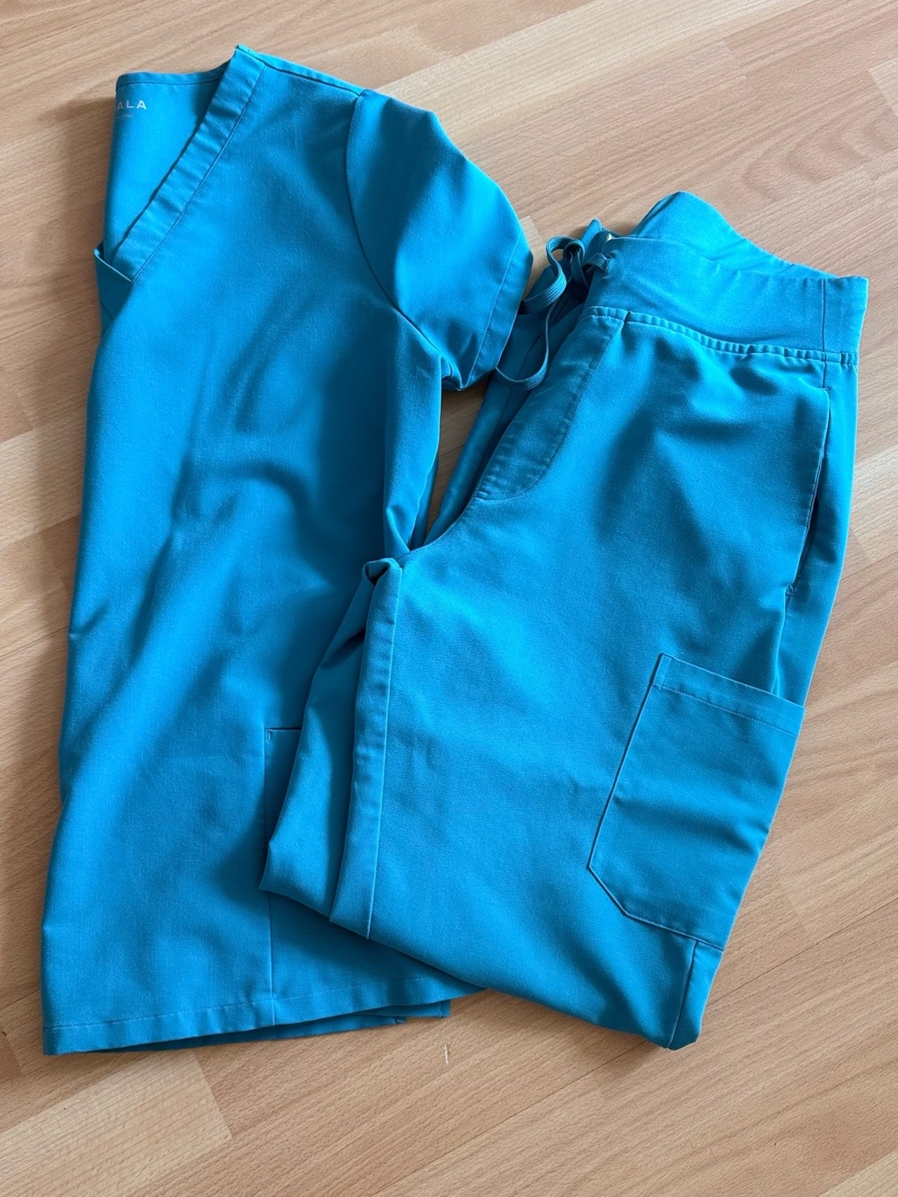 Woman Teal Blue Drawstring Scrub Pants